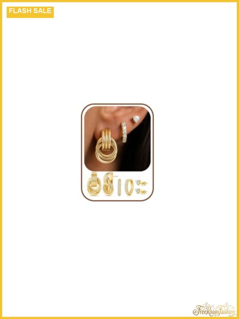 3 Pairs 14K Gold Plated Earrings for Women Mix & Match Set Stud Huggie Dangle